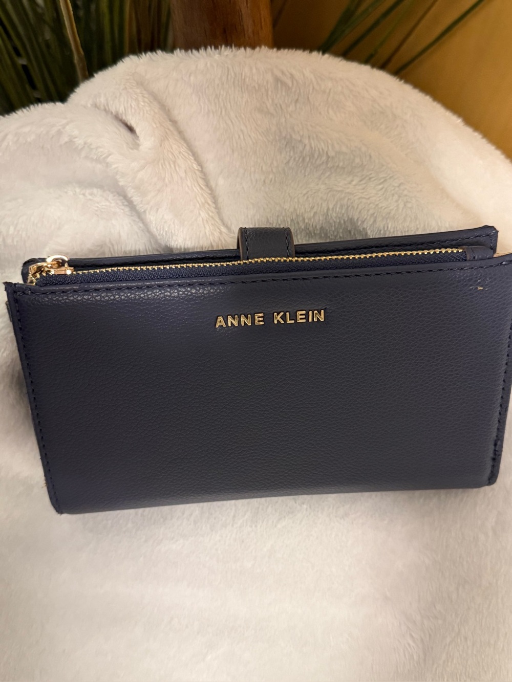 Anne Klein Navy Blue Zip Around Wallet Gold Hardware RFID Checkbook Organizer